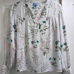 CeCe Floral Blouse - White with Green and Pink